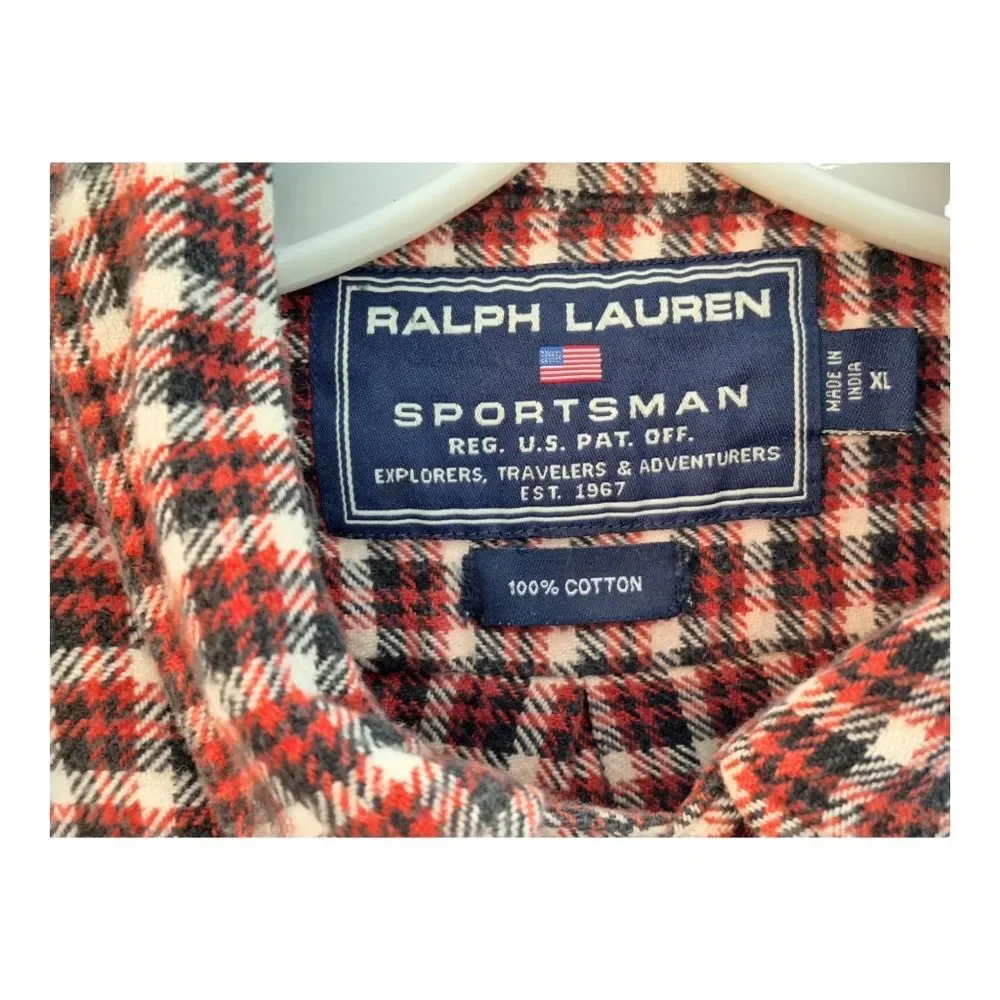 Ralph Lauren Sportsman Button Down Flannel Shirt Men's XL Red Black Cotton EUC